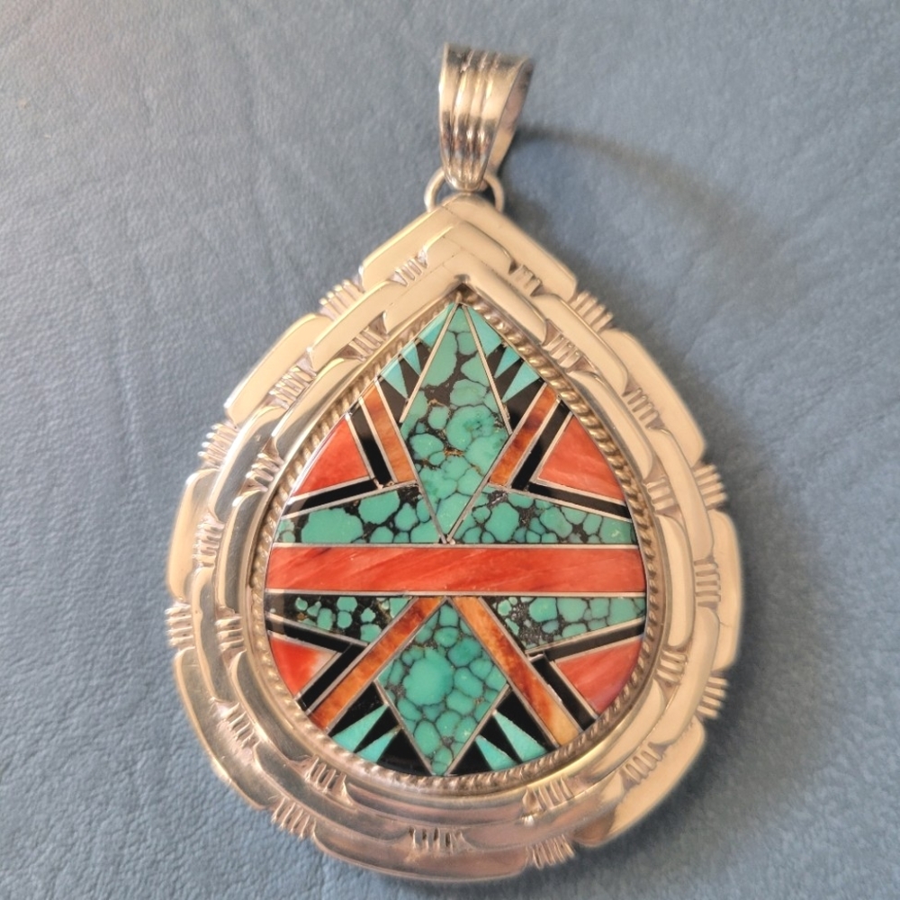 Stunning Elouise Kee Navajo Pendant with Turquoise and Coral Inlay